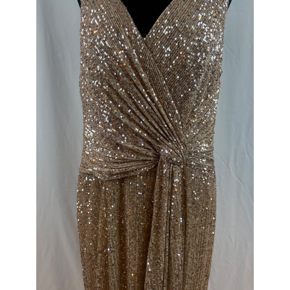 Champagne Gold Sequin Wrap V-Neck Sleeveless Maxi Evening Gown Knot Detail Dress - Picture 4 of 15
